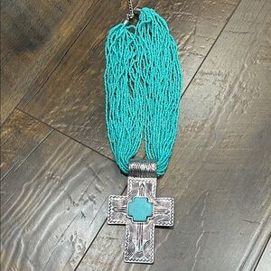 Silver and Turquoise Beaded Cross Necklace